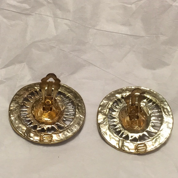 Earrings, silver tone and gold tone, Sun Dial image. CLIP EARRINGS. LIGHTWEIGHT - Picture 4 of 4